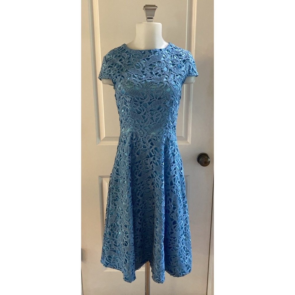 Bettie Page by Tatyana Blue Lace Fit Flare Short Sleeve Dress Size XS Retro
